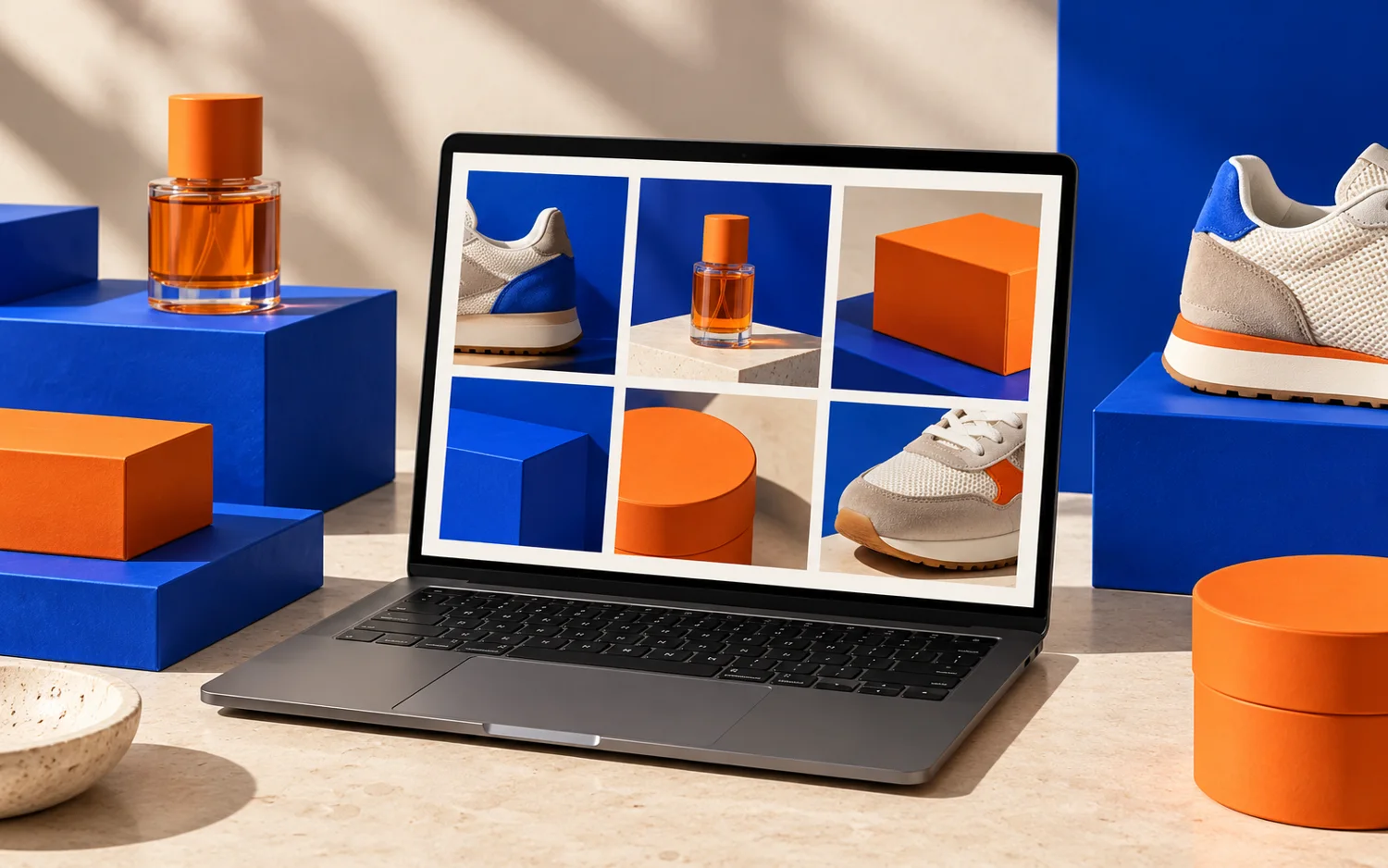 Criação de loja virtual em Porto Alegre - RS, Composição conceitual de e-commerce com notebook, produtos e embalagens