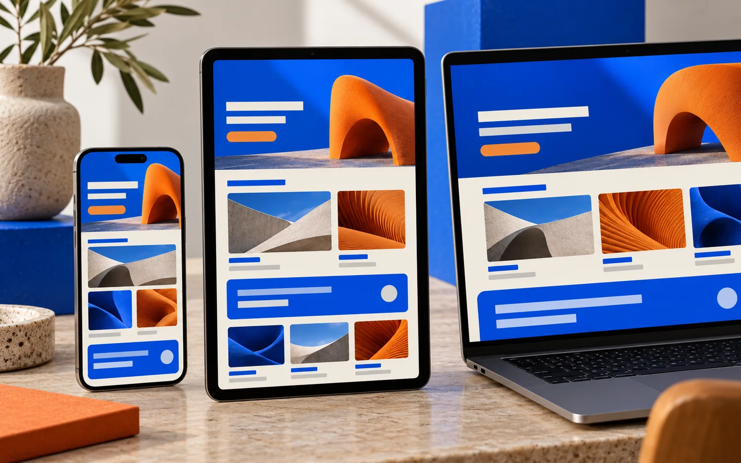 Celular e tablet com navegação adaptada ao toque e conteúdo organizado em diferentes telas