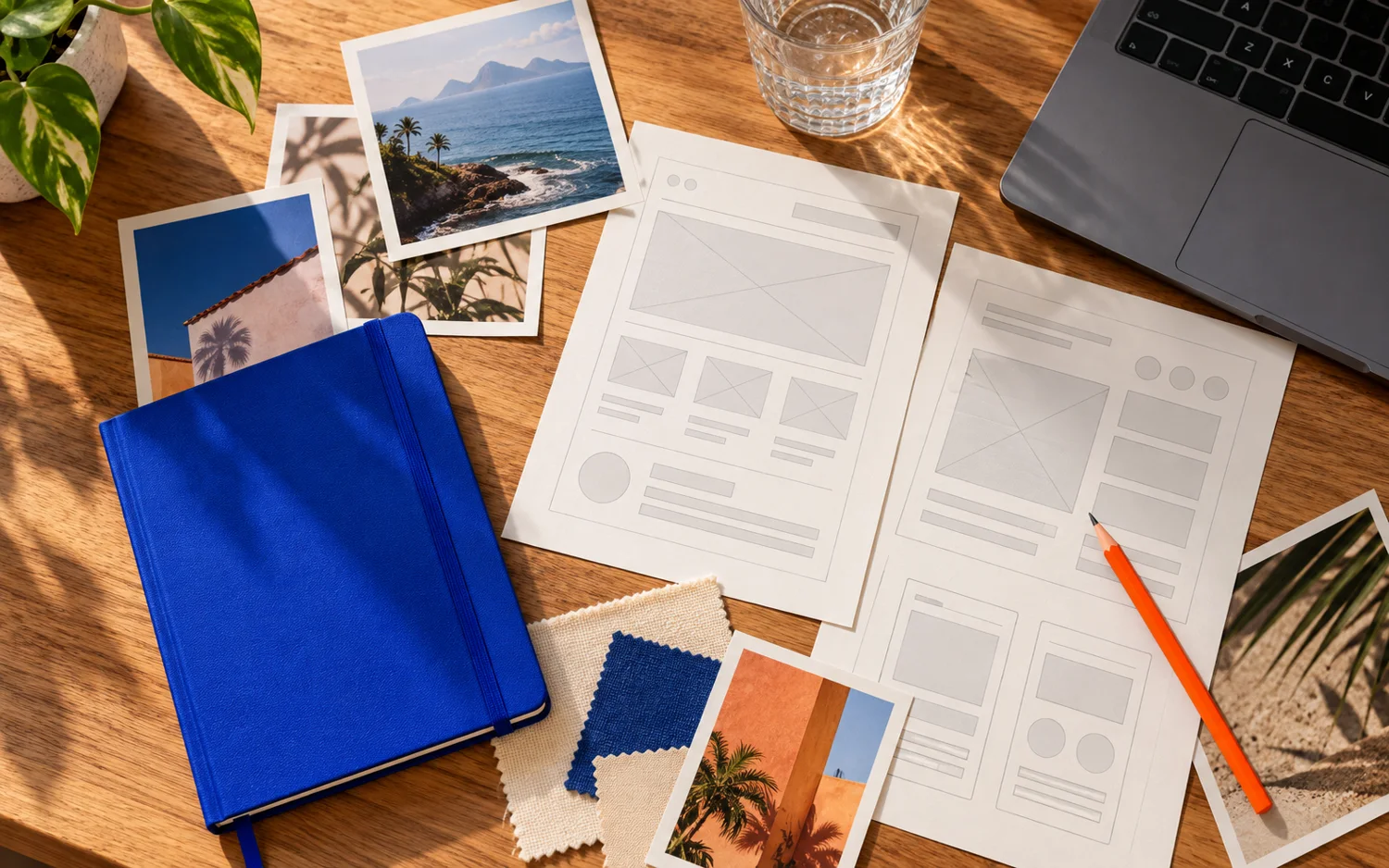 Composição de planejamento visual com esboços de páginas, notebook e materiais criativos